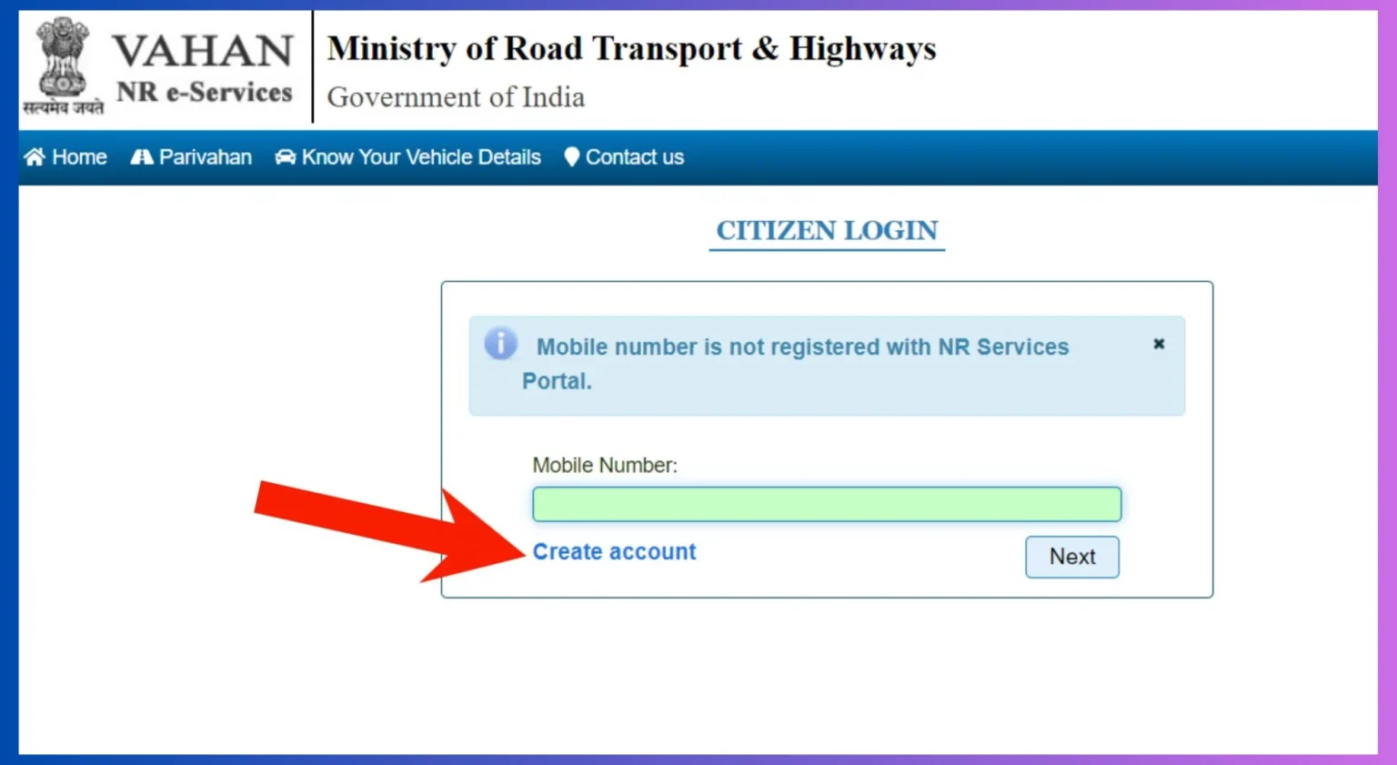 Vehicle Owner Details Create Account