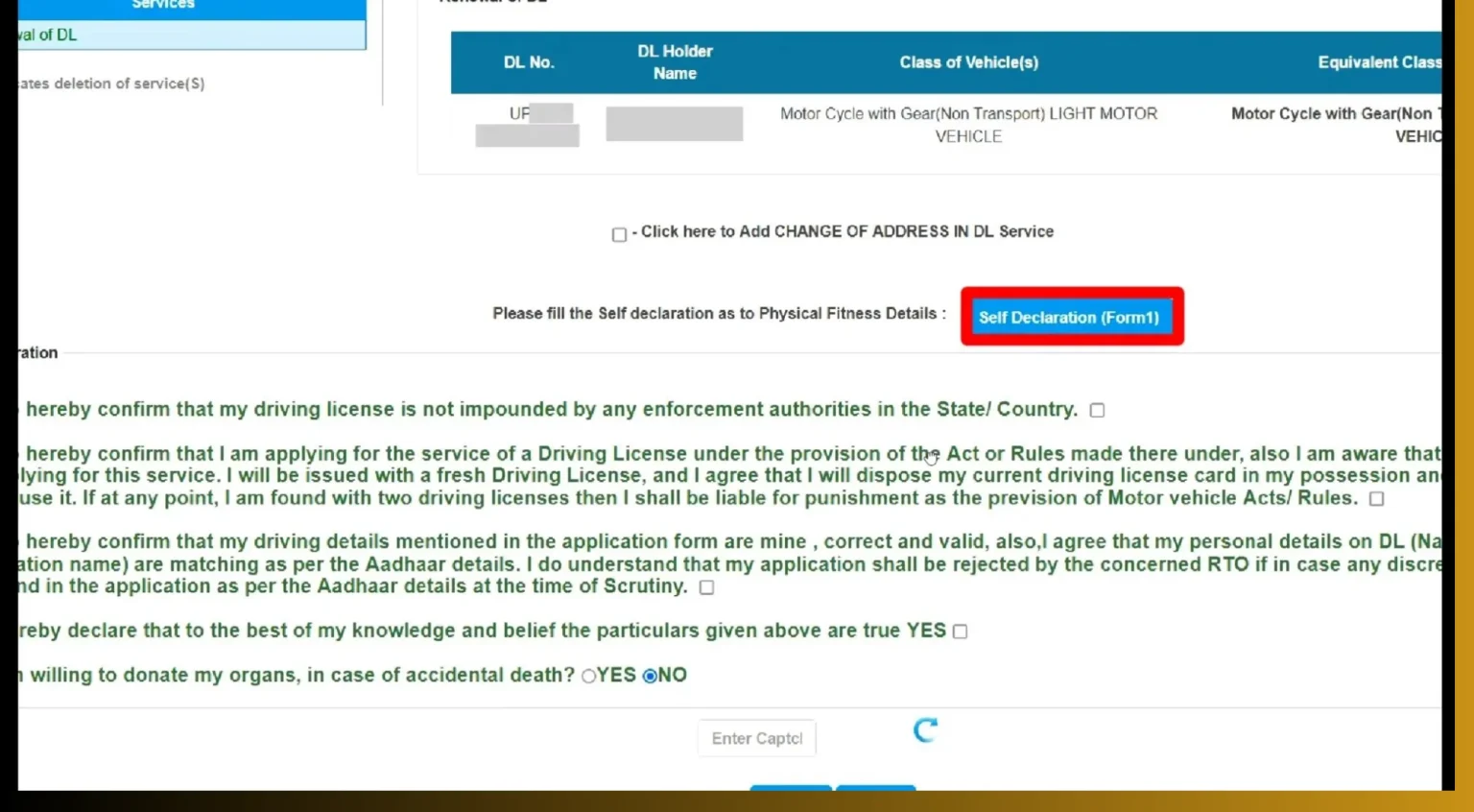 driving licence renewal Self Decleration Form